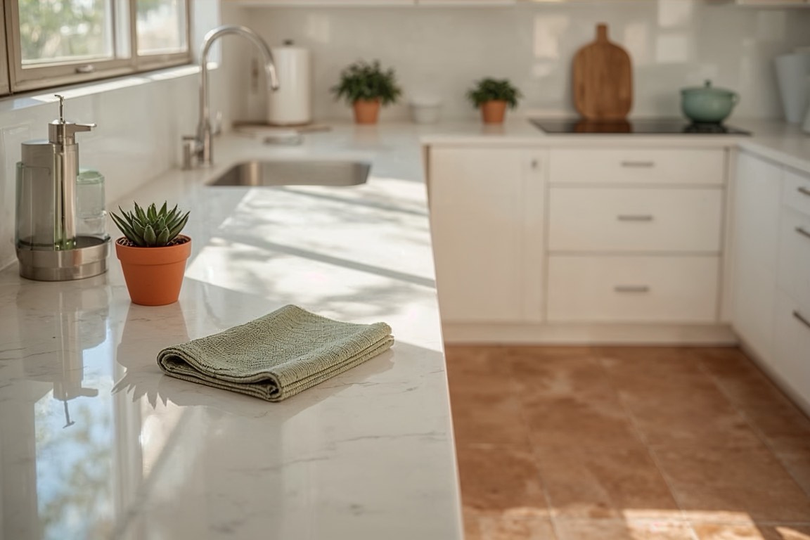 A freshly cleaned bright Tucson kitchen, quartz counter gleaming in warm morning light, saltillo tile floor shining
