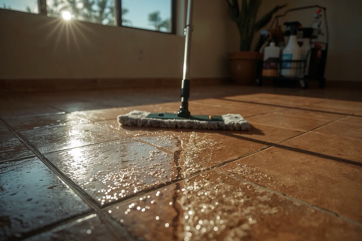 A flat microfiber mop mid-pass across saltillo tile, the wet stripe still gleaming in low Tucson light, cleaning caddy staged against the wall
